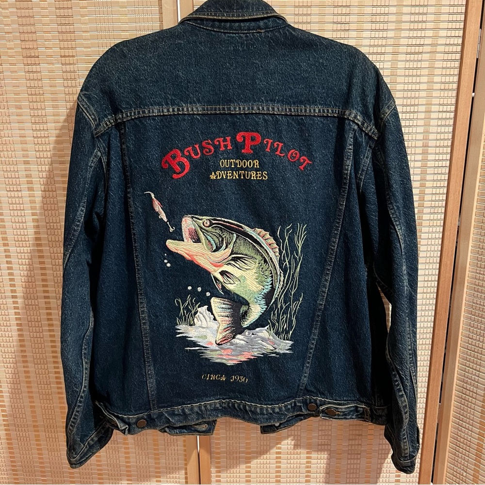 Vintage Bush Pilot Outdoor Adventures Fish Embroidered Denim Jacket size XL